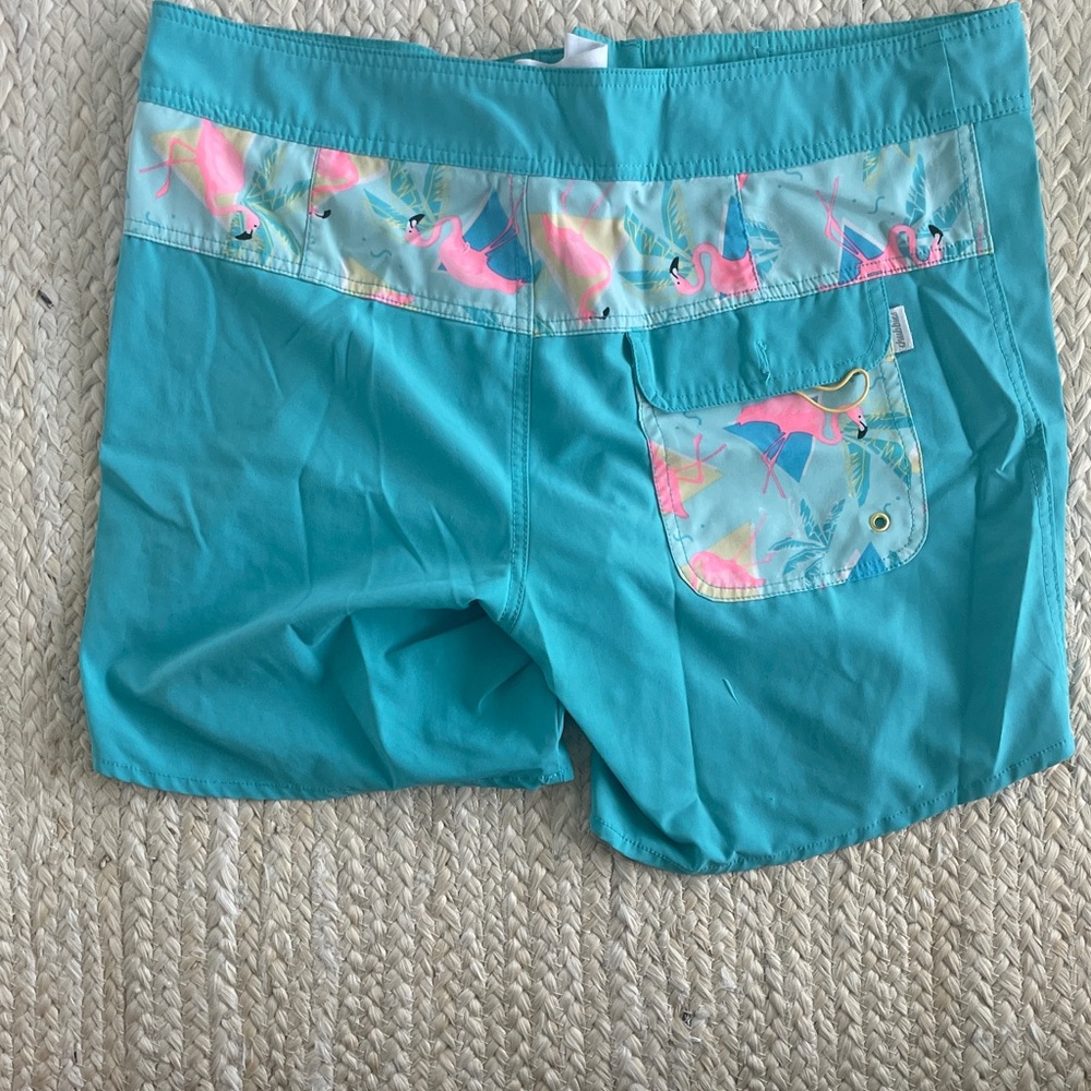 chubbies Teal Swim Trunks with Pink Flamingo Print